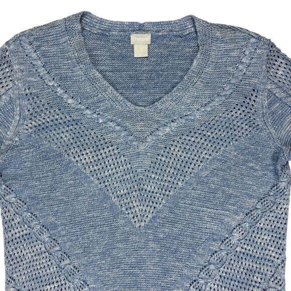 Chico's Textured Open Knit V-Neck Sweater Women L Blue Classic Oversize Pullover - Picture 3 of 16